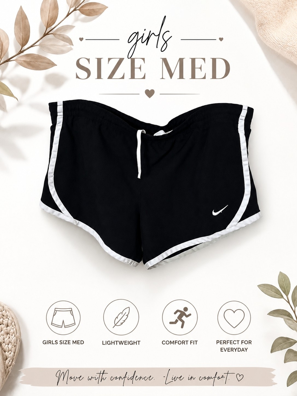 Nike Black Girls Size Med Running Shorts with White Trim
